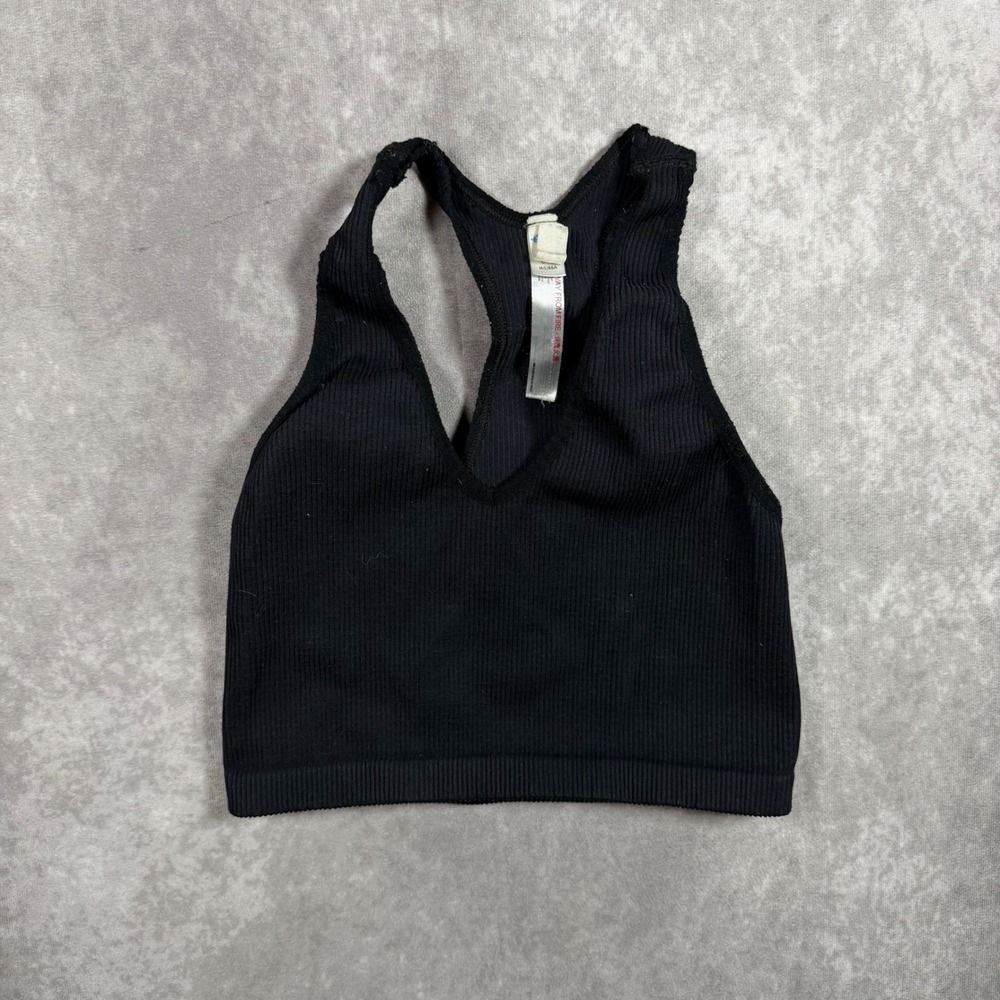 FP Movement Free People Black Ribbed V-Neck Racerback Crop Tank Top XS Baby Tee
